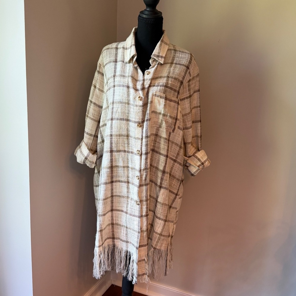 NWT Blue B Collection Plaid Fringe Duster Dress Boho Shacket Beige Large